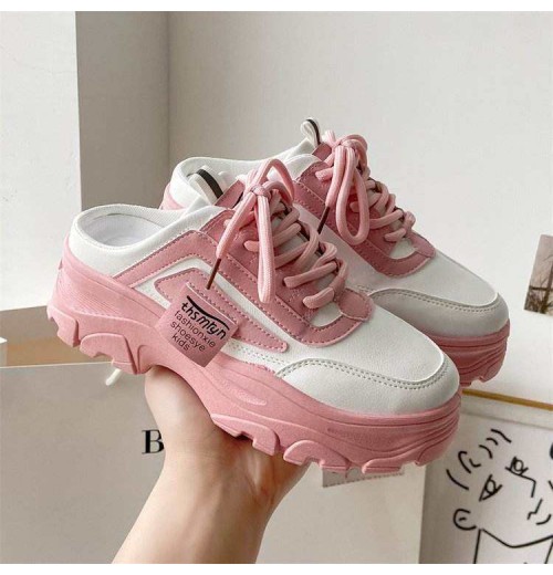 Thick Bottom Half Slipper Shoes Anti-slip Pink Women Sports Casual Walking Style Shoes